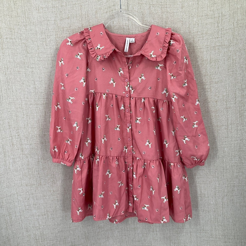 Janie and Jack Dress Kids Size 8 Pink Dog Floral Tiered Ruffle Preppy Whimsical
